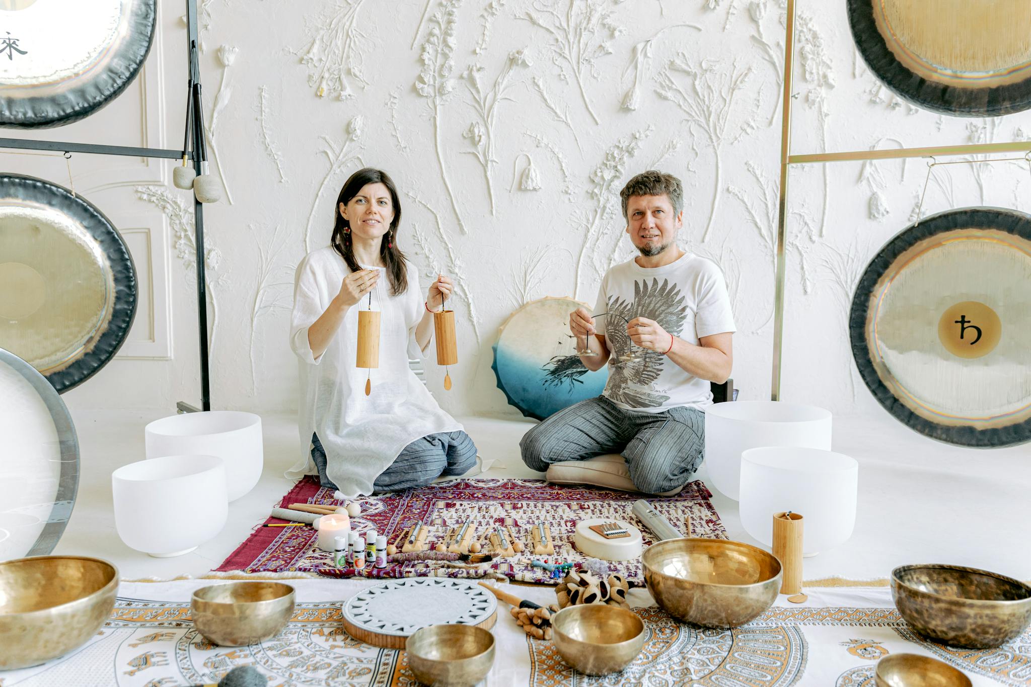 A peaceful sound therapy session using gongs and singing bowls for relaxation.